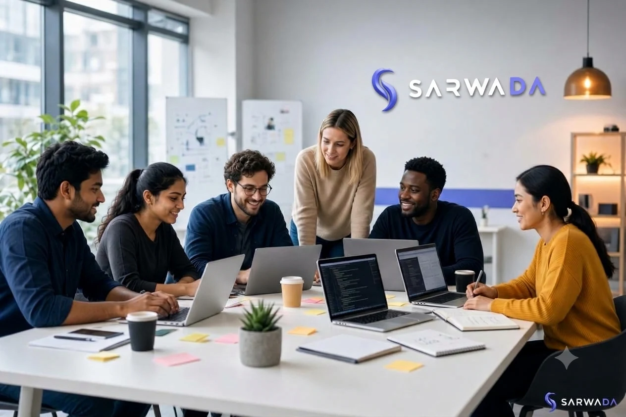 SARWADA team collaborating around laptops in the office