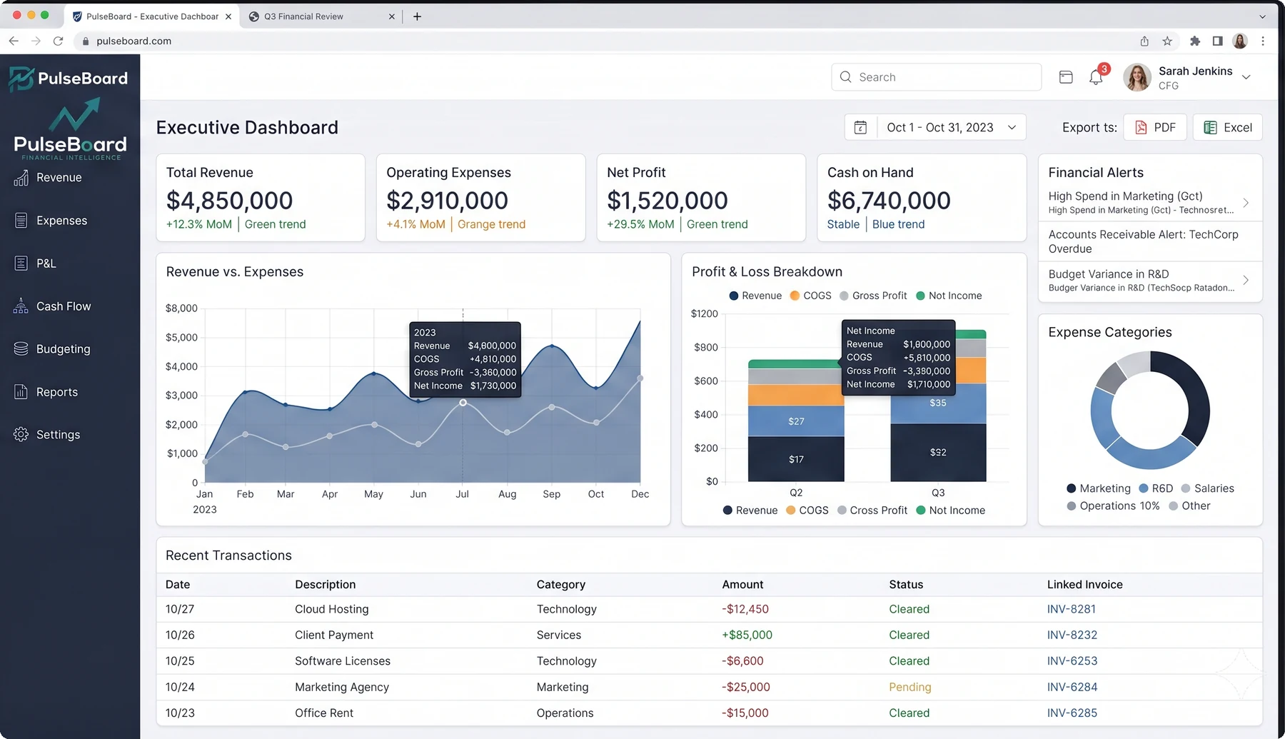PulseBoard finance overview with revenue and expenses